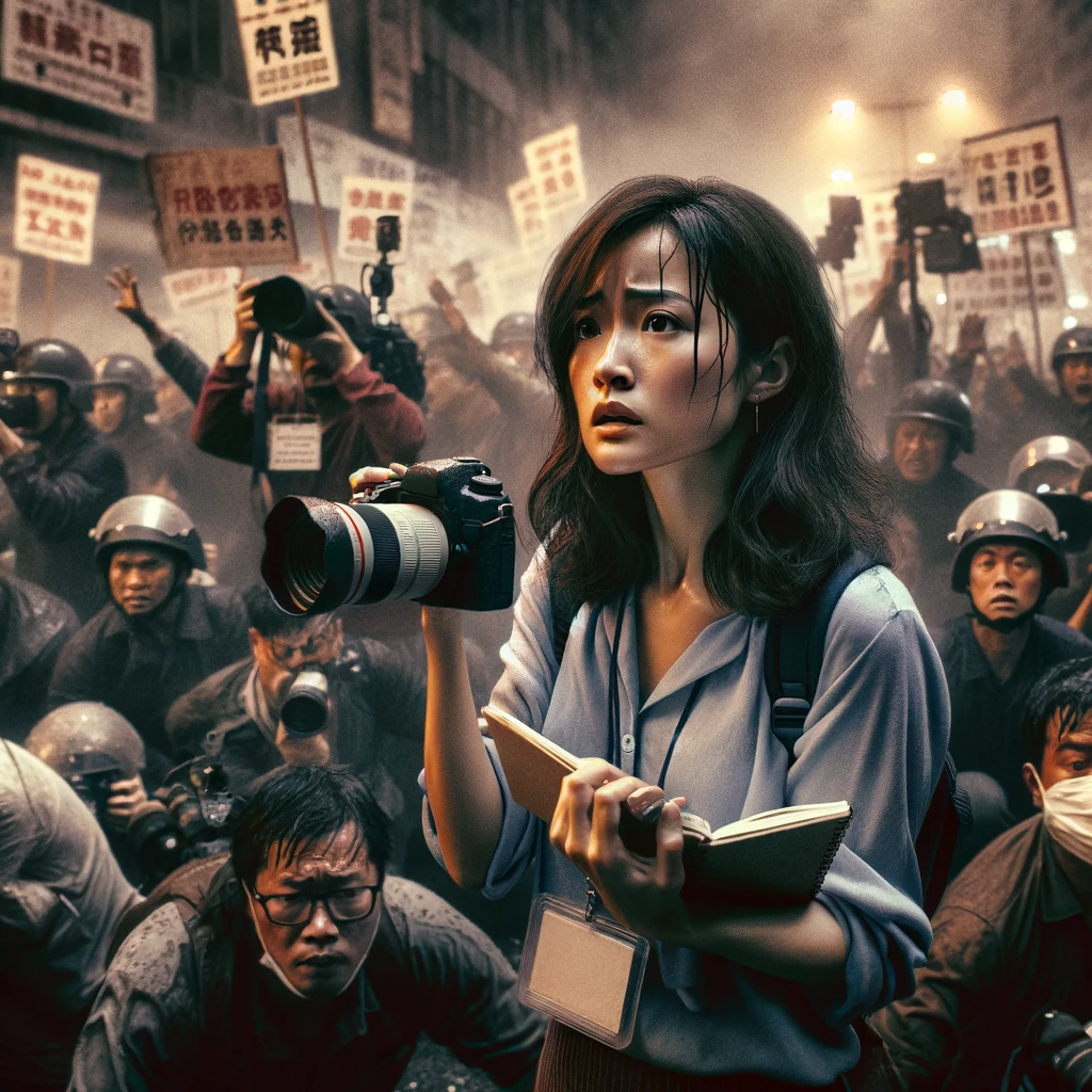 第五个图片捕捉了瓜老师在一个有争议的新闻事件中的勇敢形象。她在拥挤的街道上,被抗议者和媒体人员包围,手持相机和笔记本,记录着这一刻的紧张气氛。背景中可见的标语和横幅反映了事件的激烈性质,图片传达了她在混乱和争议中报道真相的勇气和决心。