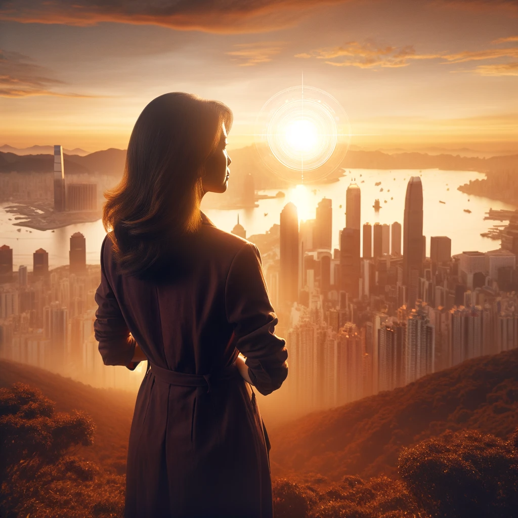 第七个图片描绘了瓜老师站在山顶上,俯瞰着广阔的城市景观,象征着她对未来的渴望和前方无限的可能性。她望向地平线,面露决心和希望。场景设定在日落时分,城市被温暖的光芒笼罩,代表她坚定不移的精神和在新闻界不断追求真理和新视野。